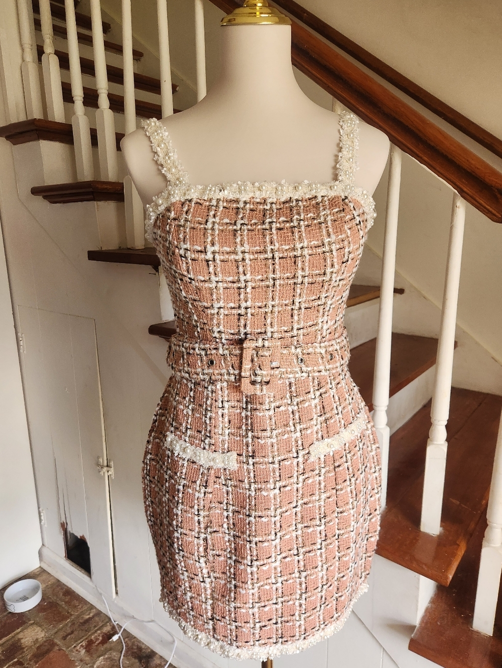 Textured Pink Tweed Sleeveless Belted Dress